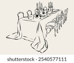 Vector illustration of tablescape with glasses, wine and candles. Line art of dinner table. Hand drawn sketch of table setting for invitation design, branding, stationery, printables, social media