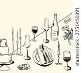 Vector illustration of tablescape with glasses, wine and candles, cake and bread. Line art of dinner table. Hand drawn sketch of table setting for invitation design, branding, stationery, printables, social media. Wedding illustration. Vintage illustration. Doodle