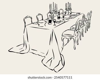 Vector illustration of tablescape with glasses, wine and candles. Line art of dinner table. Hand drawn sketch of table setting for invitation design, branding, stationery, printables, social media