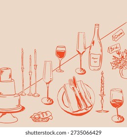 Vector illustration of tablescape with glasses, wine and candles, cake and bread. Line art of dinner table. Hand drawn sketch of table setting for invitation design, branding, stationery, printables, social media. Wedding illustration. Vintage illustration. Doodle