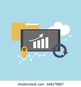 Vector illustration with tablet. Business