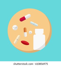 Vector illustration of tablet, capsule, Medicines and silhouette of a jar with medications in flat style