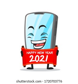 vector illustration of tablet character or mascot holding red scroll and say happy new year