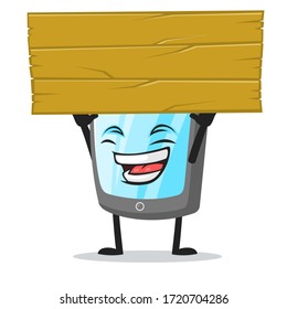 vector illustration of tablet character or mascot holding blank wooden