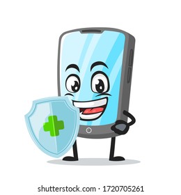 vector illustration of tablet character or mascot holding shield for protection