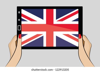 A vector illustration of a tablet computer with the flag of the United Kingdom