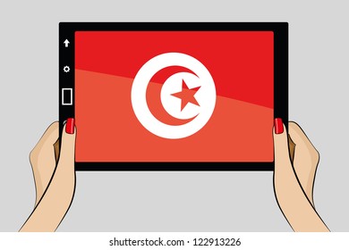 A vector illustration of a tablet computer with the flag of Tunisia