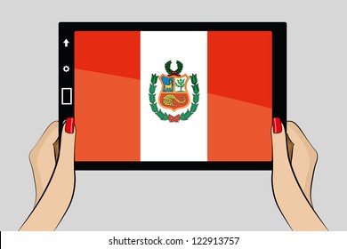 A vector illustration of a tablet computer with the flag of Peru