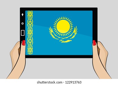 A vector illustration of a tablet computer with the flag of Kazakhstan