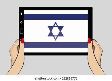 A vector illustration of a tablet computer with the flag of Israel