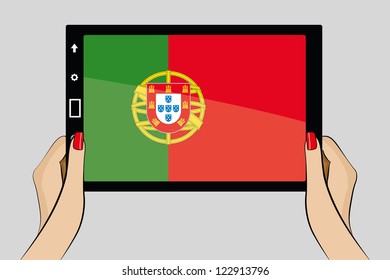 A vector illustration of a tablet computer with the flag of Portugal