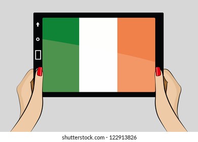 A vector illustration of a tablet computer with the flag of Ireland