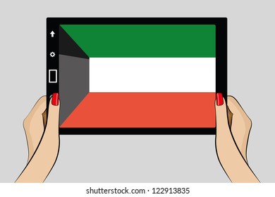 A vector illustration of a tablet computer with the flag of Kuwait
