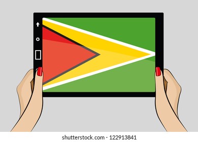 A vector illustration of a tablet computer with the flag of Guyana