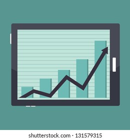 Vector illustration of a tablet with graphics indicating an increase.