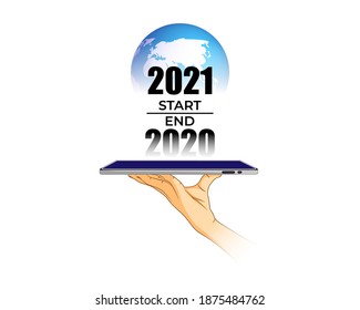 Vector illustration of tablet in hand showing 2021 start concept, finish 2020. New year 2021 is coming. Plans and goals for success.
