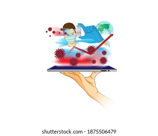 Vector illustration of tablet in hand showing Covid-19 Second wave concept, doctor with vaccine, global Coronavirus outbreak. Prevention and precaution of disease.