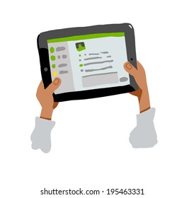 Vector illustration of a tablet in the hands in a sketch style. Communication app on tablet screen vector illustration.
