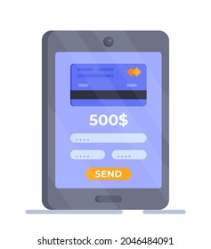 Vector illustration of a tablet isolated on a white background. Tablet with bank card.