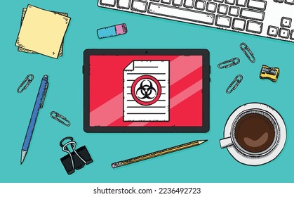 Vector illustration of a tablet located on an office desk. The tablet screen displays a document with biohazard sign on it. Hand-drawn vector graphics.