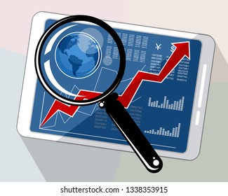 Vector illustration of a tablet and a magnifying glass