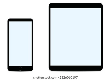 Ilustración vectorial de tablets y teléfonos móviles con pantallas y sombras azul claro. Conjunto de plantillas de gadgets tecnológicos para publicidad.