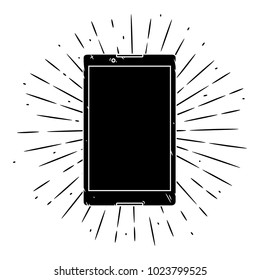 Vector illustration with Tablet PC and divergent rays on blackboard. Used for poster, banner, web, t-shirt print, bag print, badges, flyer, logo design and more. 