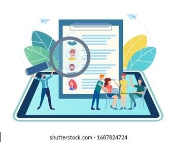  vector illustration tablet recruiting online concept. a team of office workers reviews a resume, filling out a form and an online interview. recruiting job search.