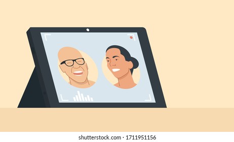 Vector illustration of a tablet with running video conferencing program with portraits of two person on the screen. It represents a concept of work from home, online meeting, videoconference
