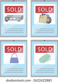 Vector illustration of a tablet screen selling unwanted goods at a flea market on an Internet site