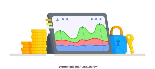 Ilustración vectorial del comercio de tabletas. Gráfico de gasto del último mes. 