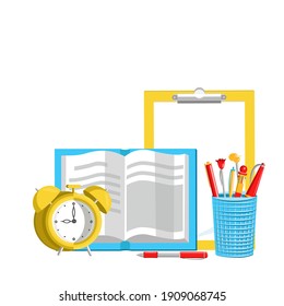 Vector illustration with tablet for writing, stationery, book, alarm clock. There is empty space for text. Concept of training, school, study.