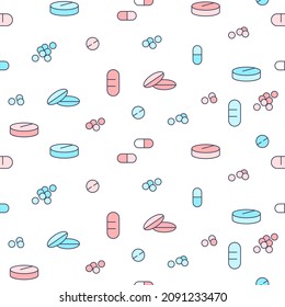Ilustración vectorial de comprimidos, pastillas, cápsulas, gránulos sobre un fondo blanco. Patrón médico y farmacéutico sin fisuras.