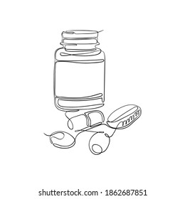 Vector illustration of tablets, vitamins and pills in a plastic jar drawn by one endless line. Medicines, medicine and beauty