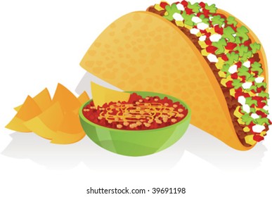 Vector illustration of taco, salsa and nachos