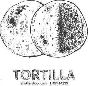Vector illustration of taco sandwich. Traditional Mexican national cuisine food. Vintage hand drawn engraving style.