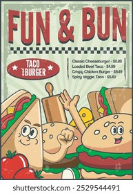 Vector Illustration of Tacos and Burgers with Cute Food Vector Illustration Available for Poster Food