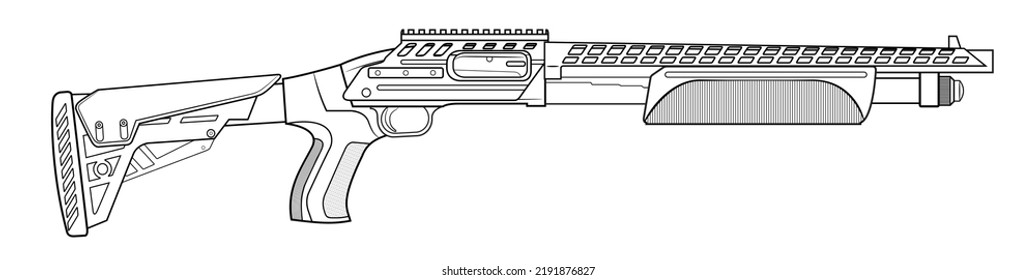 Ilustración vectorial de la escopeta táctica de acción de la bomba con material ajustable y rieles de picattiny sobre un fondo blanco