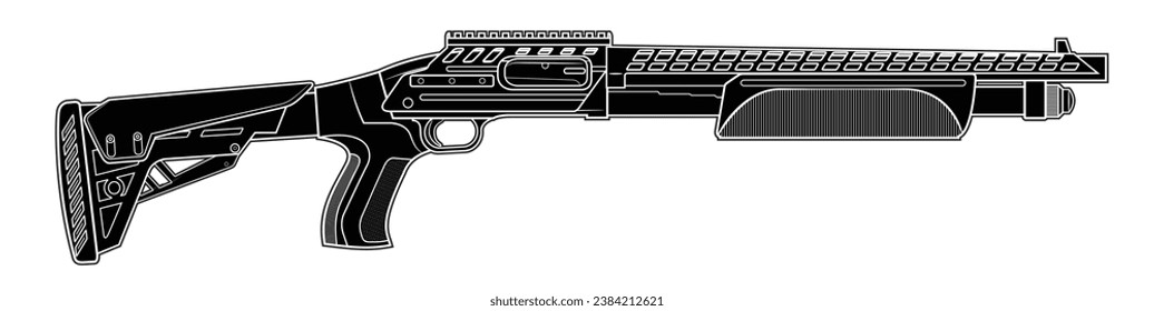 Vector illustration of the tactical pump-action shotgun with adjustable stock and picattiny rails on a white background. Black. Right side.