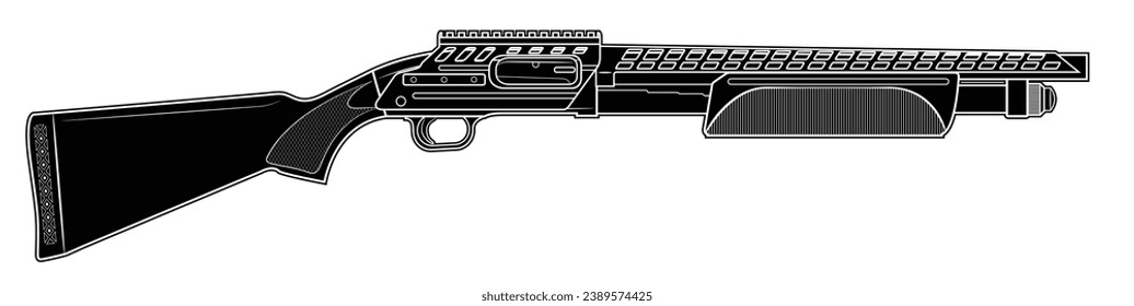 Vector illustration of the tactical pump-action shotgun with picattiny rails on a white background. Black. Right side.