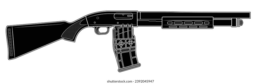 Vector illustration of the tactical pump-action shotgun with picattiny rails and box magazine on a white background. Black. Right side.