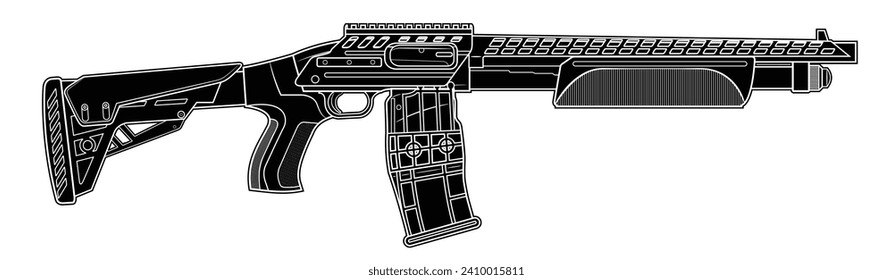 Vector illustration of the tactical pump-action shotgun with picattiny rails and box magazine on a white background. Black. Right side.