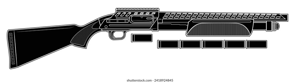 Vector illustration of the tactical pump-action shotgun with picattiny rails and cartridges on a white background. Black. Right side.