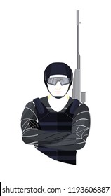 Vector illustration of a tactical soldier in combat uniform with helmet and goggles, holding a sniper rifle. Isolated military character in modern flat graphic style.