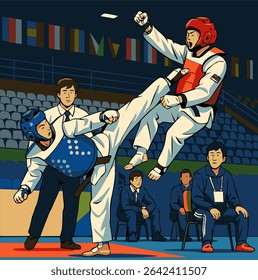 Vector illustration of a Taekwondo Sparring Match in a stadium. Two athletes in protective gear mid-action during a kick, surrounded by judges and spectators. Competitive martial arts scene.