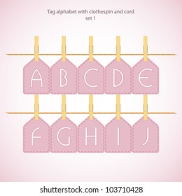 Vector illustration of tag alphabet with clothespin and cord. Set 1
