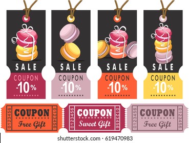 Vector illustration tag for the bakery shop sweets sweet macaroons bonuses sale discount in percent coupons for gifts