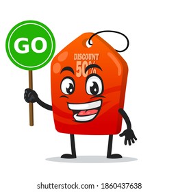 vector illustration of tag mascot or character holding sign says go