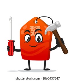 ilustración vectorial de la mascota de etiquetas o del martillo de retención de caracteres y destornillador