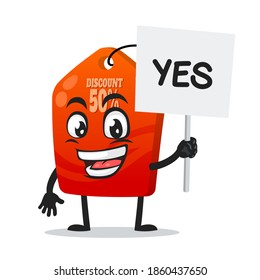 vector illustration of tag mascot or character holding sign says yes